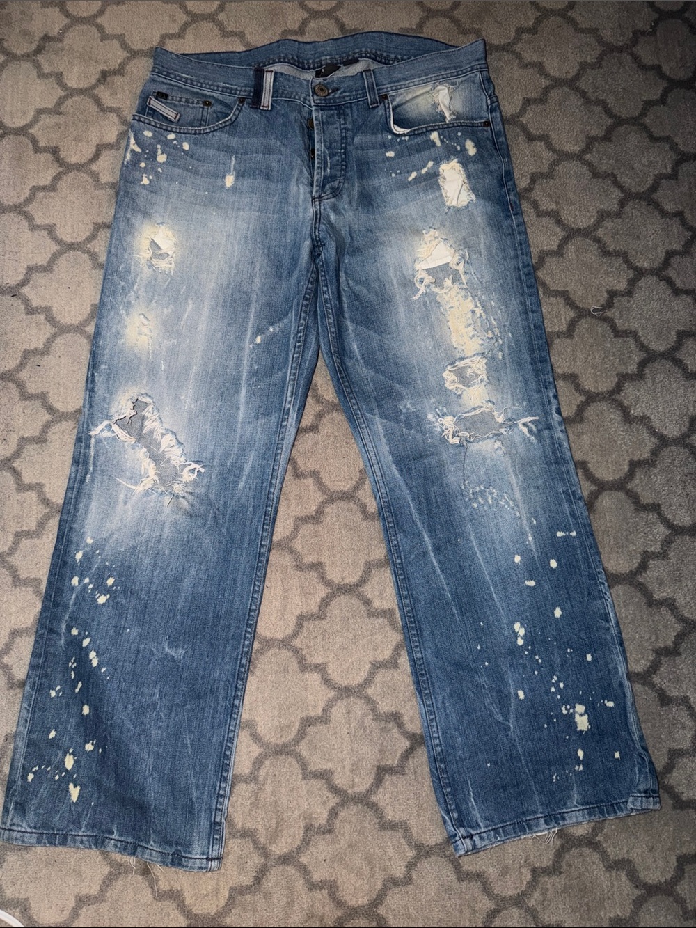 Armani Exchange Distressed Blue Relaxed-Fit Jeans with Paint-Splatter